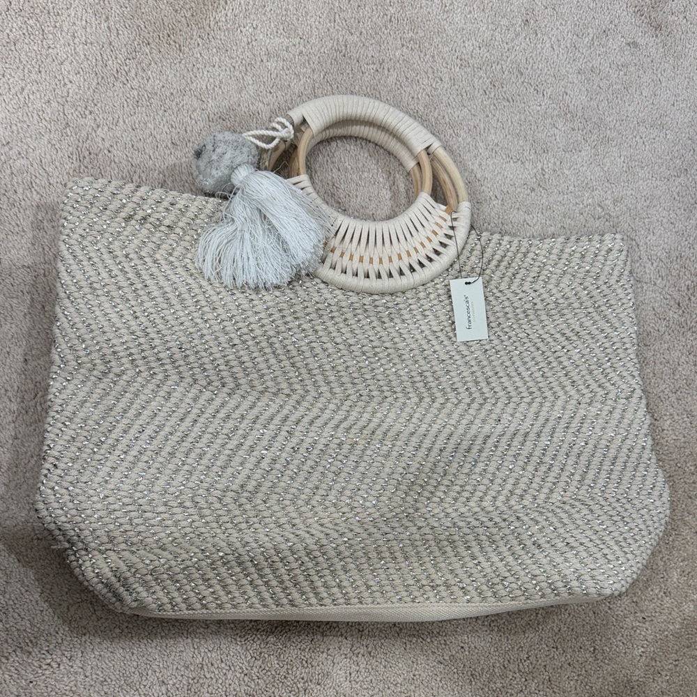 Francesca's Collections Natural Woven Circle-Handle Tote with Tassel